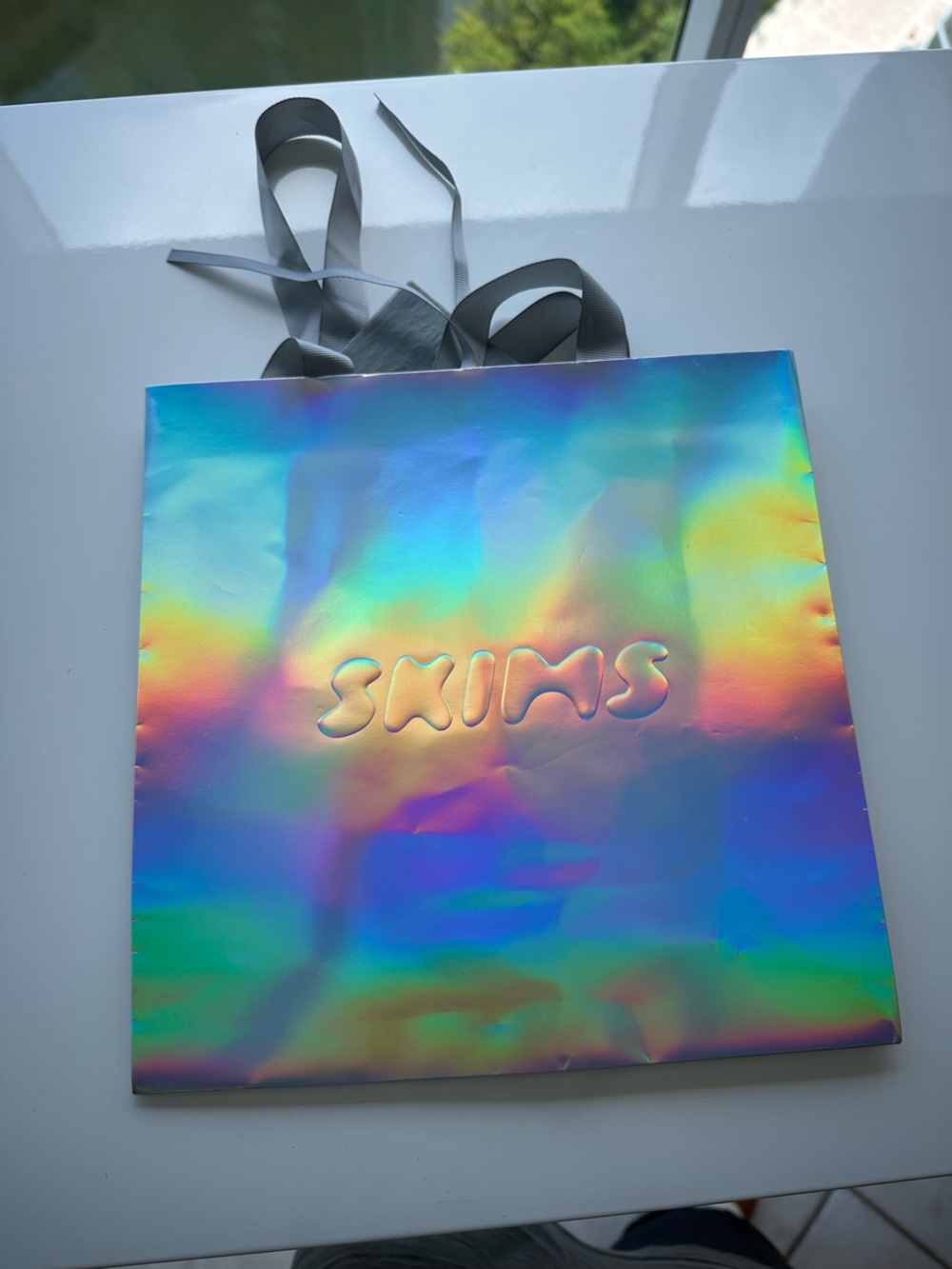 SKIMS Iridescent Holographic Mirror Chrome Shopping Bag